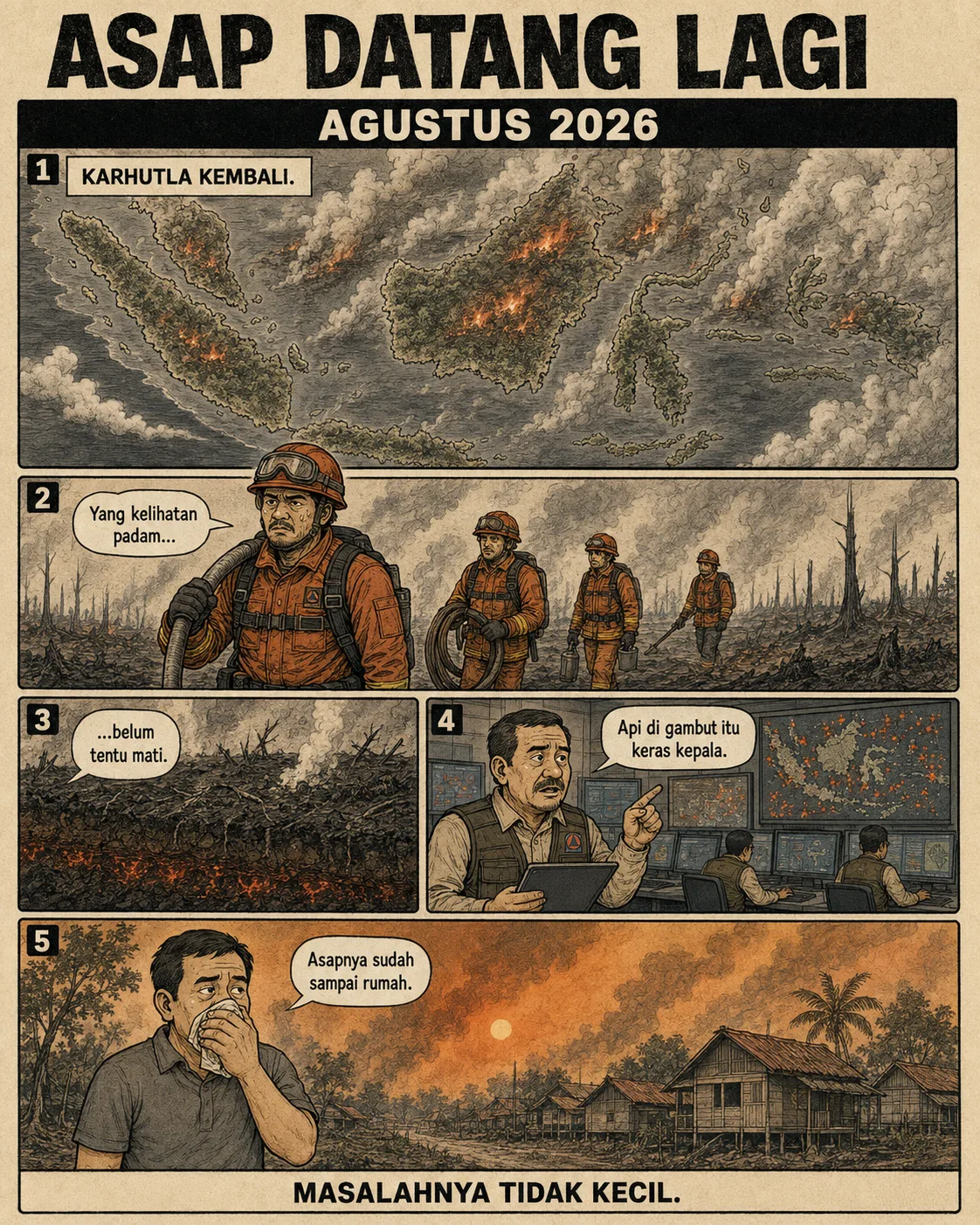 Sampul komik "Api Besar, Ubi Terbang": peta Sumatra dan Kalimantan diselimuti titik api dan asap tebal, regu pemadam berjalan di lahan yang menghitam.