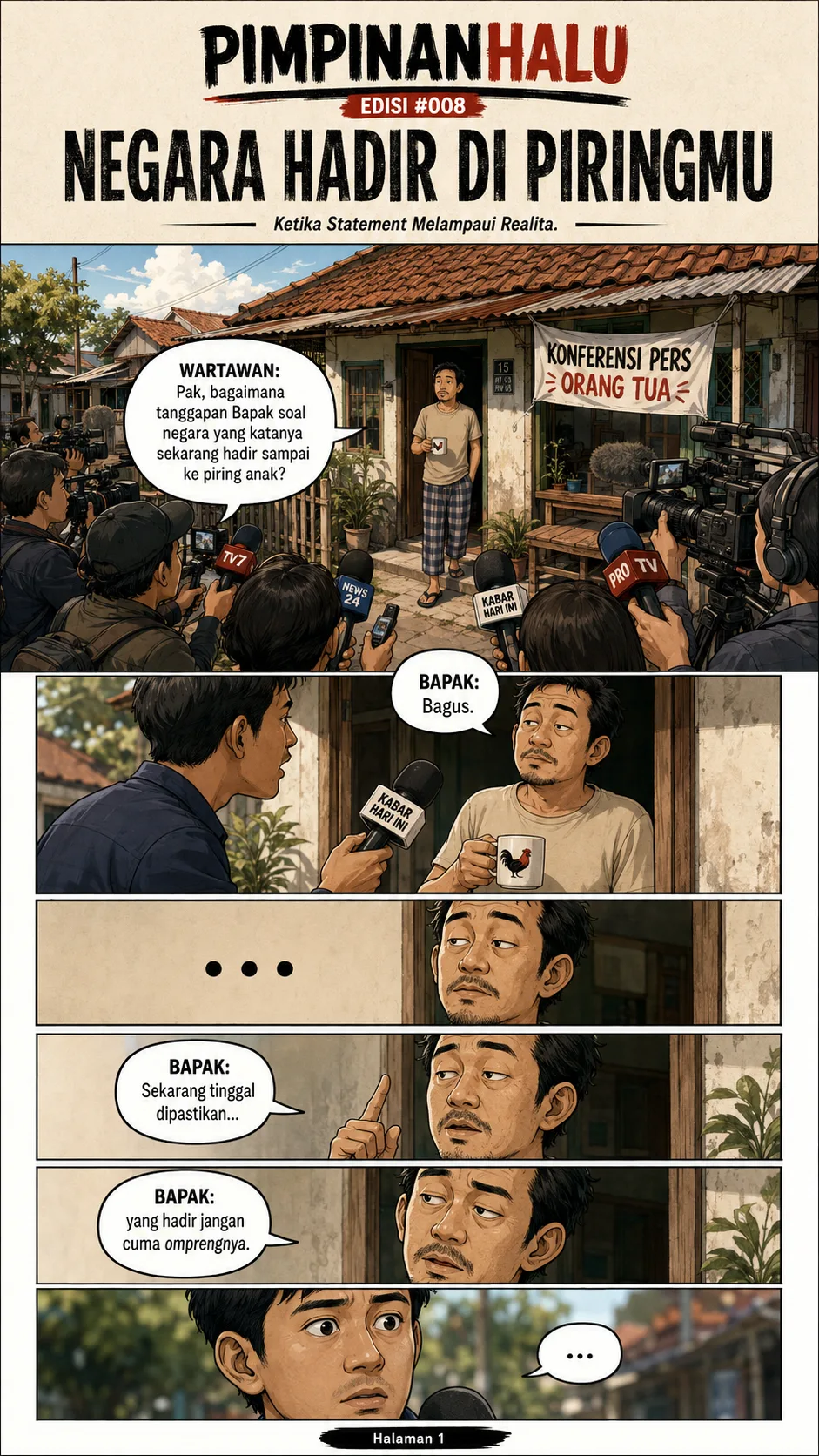 Sampul komik "Negara Hadir di Piringmu": seorang bapak berdiri di teras rumah dikerumuni wartawan di bawah spanduk "Konferensi Pers Orang Tua".