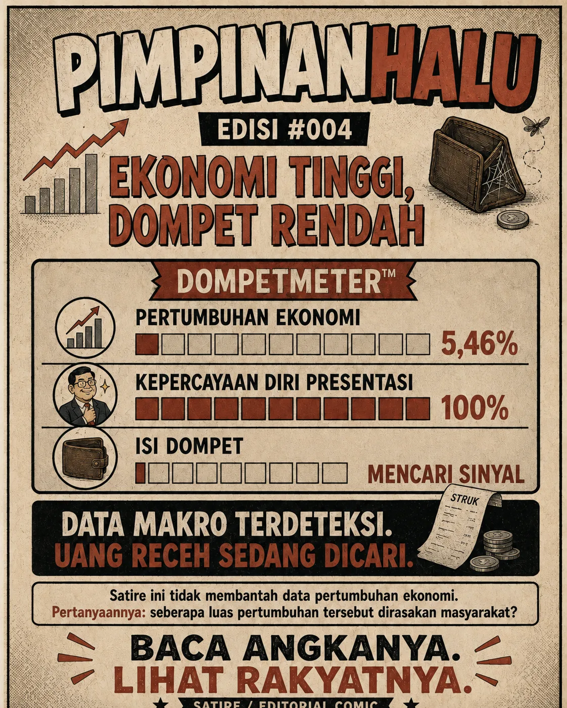 Sampul komik "Ekonomi Tinggi, Dompet Rendah": DompetMeter dengan pertumbuhan ekonomi tinggi, kepercayaan diri presentasi 100%, dan isi dompet "mencari sinyal".