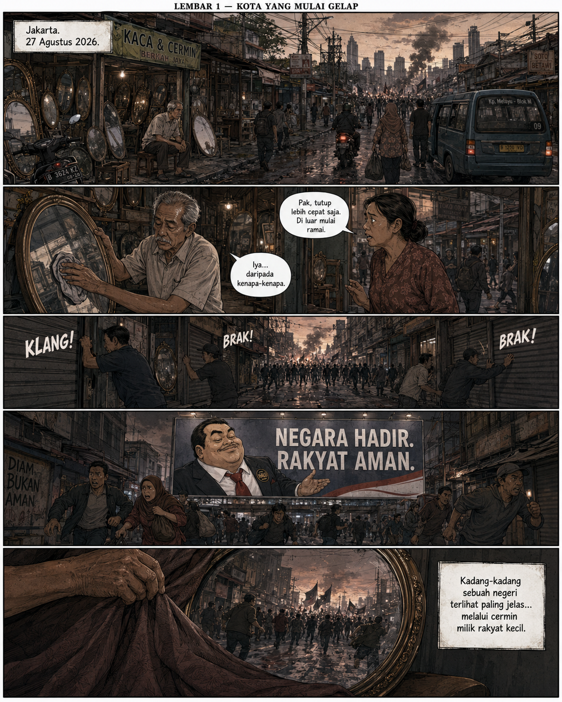 Jakarta menjelang malam; Pak Hasan menjaga toko kaca di tengah warga yang bergegas pulang ketika kerusuhan mulai mendekat.