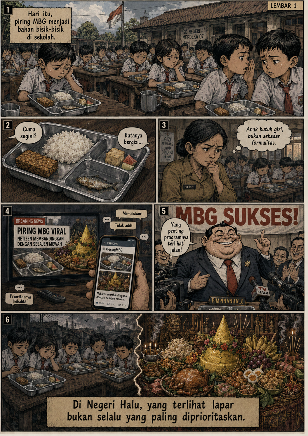 Murid SD Negeri Merdeka 07 menatap piring makan bergizi yang sederhana, sementara foto perbandingannya dengan sesajen ramai dibicarakan.