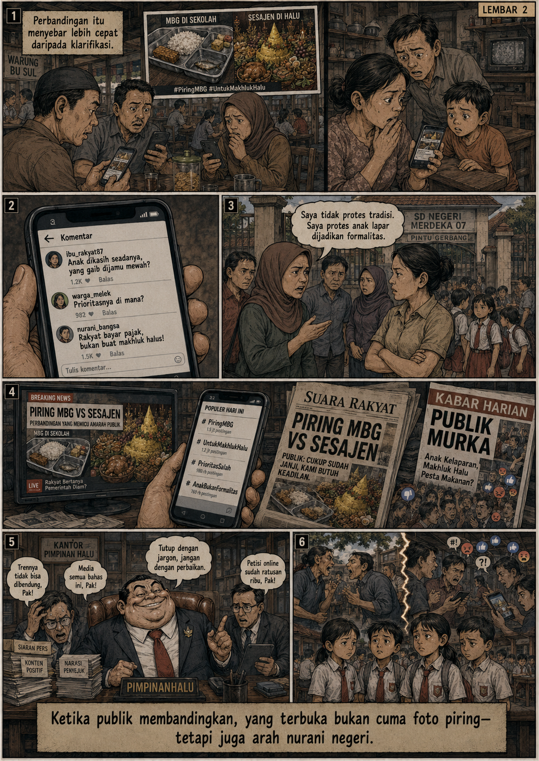 Halaman 2: foto piring MBG dan sesajen tersebar dari warung hingga rumah; komentar publik mempertanyakan prioritas, orang tua berdiskusi di gerbang sekolah, dan kantor PimpinanHalu menyiapkan narasi penyejuk.