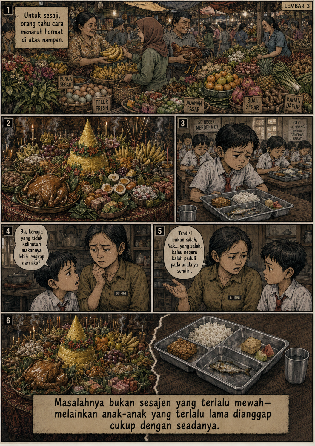 Halaman 3: warga membeli buah, bunga, ayam, dan bahan makanan untuk sesaji; hidangan adat yang lengkap dibandingkan dengan piring murid, lalu Bu Rini menjelaskan bahwa masalahnya bukan tradisi melainkan kepedulian pada anak.