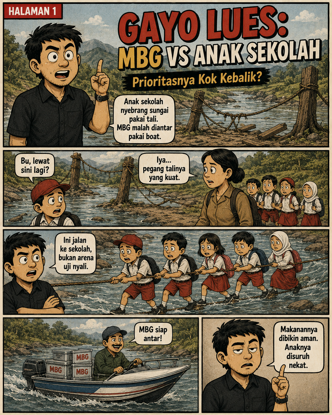 Sampul Gayo Lues: MBG vs Anak Sekolah, memperlihatkan lintasan tali rusak di atas sungai dan kritik bahwa kotak makanan diantar dengan perahu sementara murid menyeberang dengan tali.