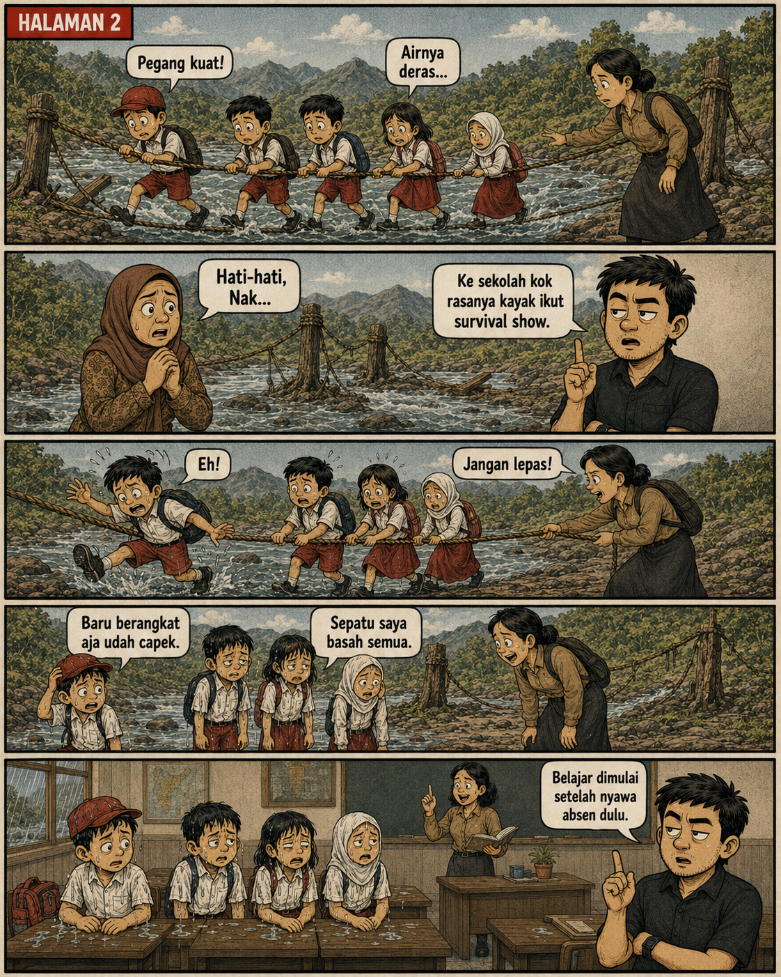 Halaman 2: lima murid berpegangan pada tali di atas sungai deras; seorang anak hampir terpeleset dan mereka tiba di kelas dalam keadaan basah serta kelelahan.