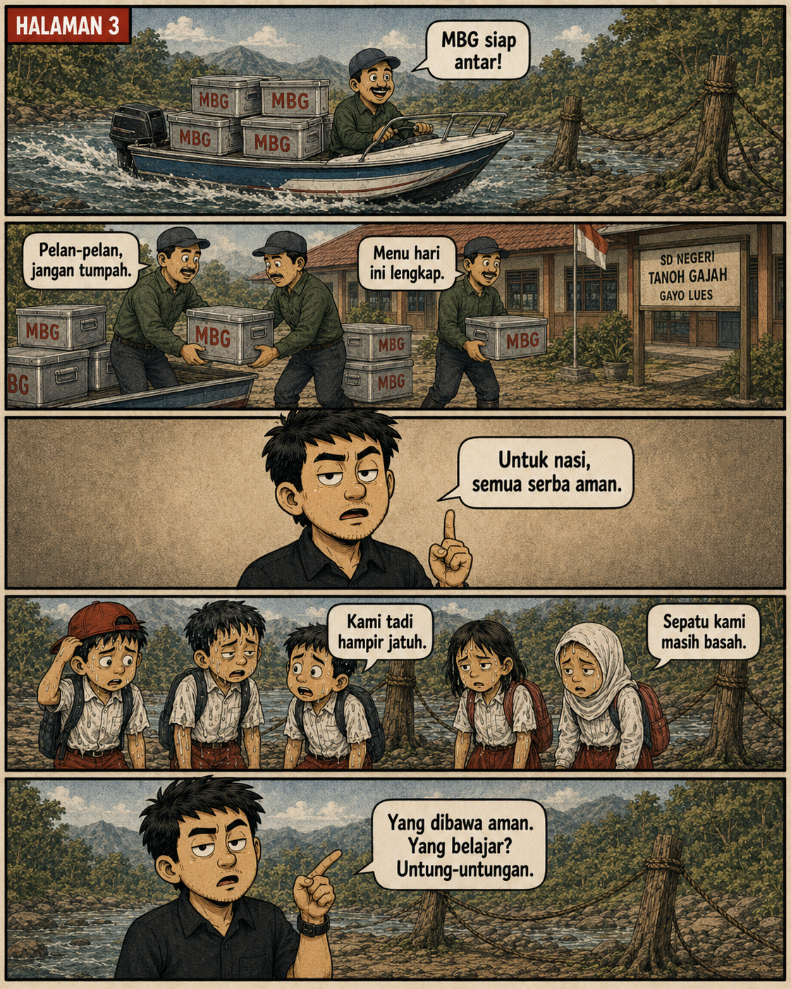 Halaman 3: perahu mengantar kotak MBG ke SD Negeri Tanoh Gajah yang bersifat fiktif; murid menceritakan hampir jatuh dan menunjukkan sepatu basah di dekat lintasan tali.