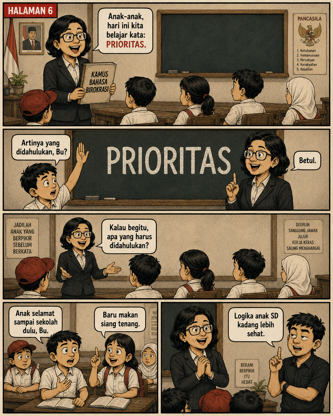 Halaman 6: guru mengajar kata prioritas; murid menjawab bahwa keselamatan menuju sekolah harus didahulukan sebelum makan siang, dan narator memuji logika sederhana mereka.