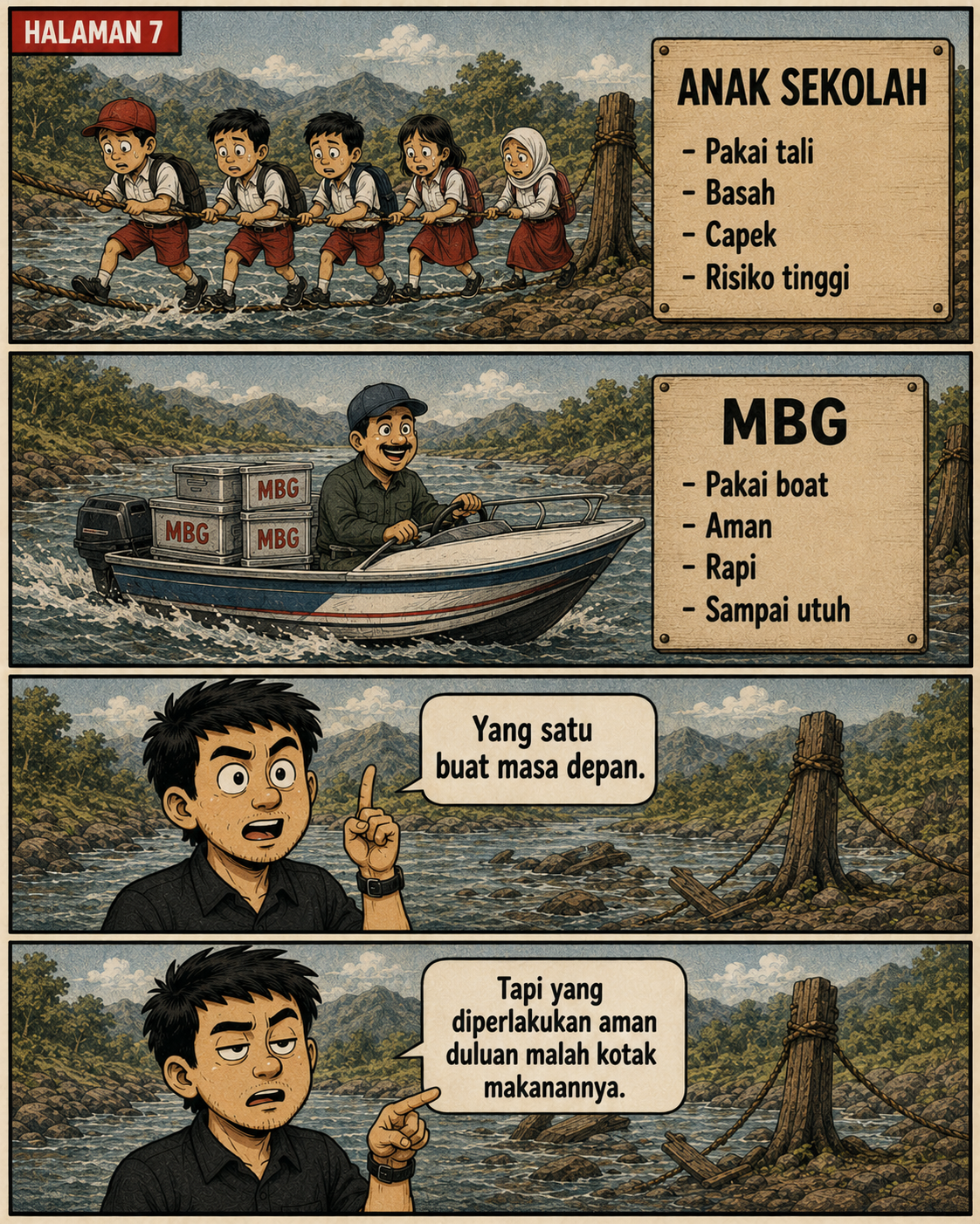 Halaman 7: perbandingan murid yang menyeberang dengan tali dan kotak MBG yang dibawa perahu; narator menyoroti bahwa kotak makanan diperlakukan lebih aman daripada anak.