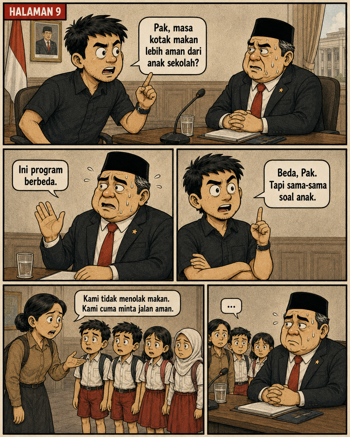 Halaman 9: narator mempertanyakan mengapa kotak makan lebih aman daripada murid; guru dan para murid meminta akses aman tanpa menolak program makanan.