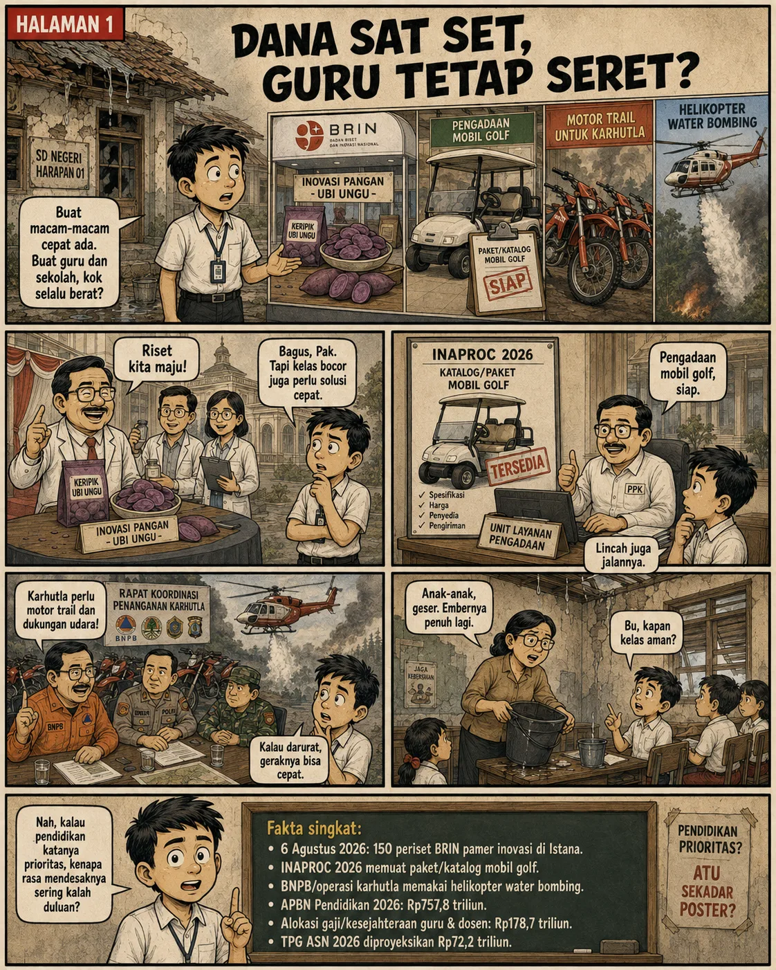 Sampul komik "Dana Sat Set, Guru Tetap Seret?": SD Negeri Harapan 01 yang rusak berjajar dengan etalase inovasi ubi ungu, mobil golf, motor trail, dan helikopter water bombing.