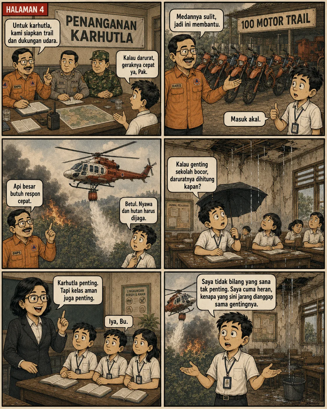 Halaman 4 ("Penanganan Karhutla"): Rapat koordinasi menyiapkan armada motor trail dan helikopter pemadam; sementara itu anak-anak belajar di kelas bocor sambil memegang payung. Guru: "Karhutla penting. Tapi kelas aman juga penting."