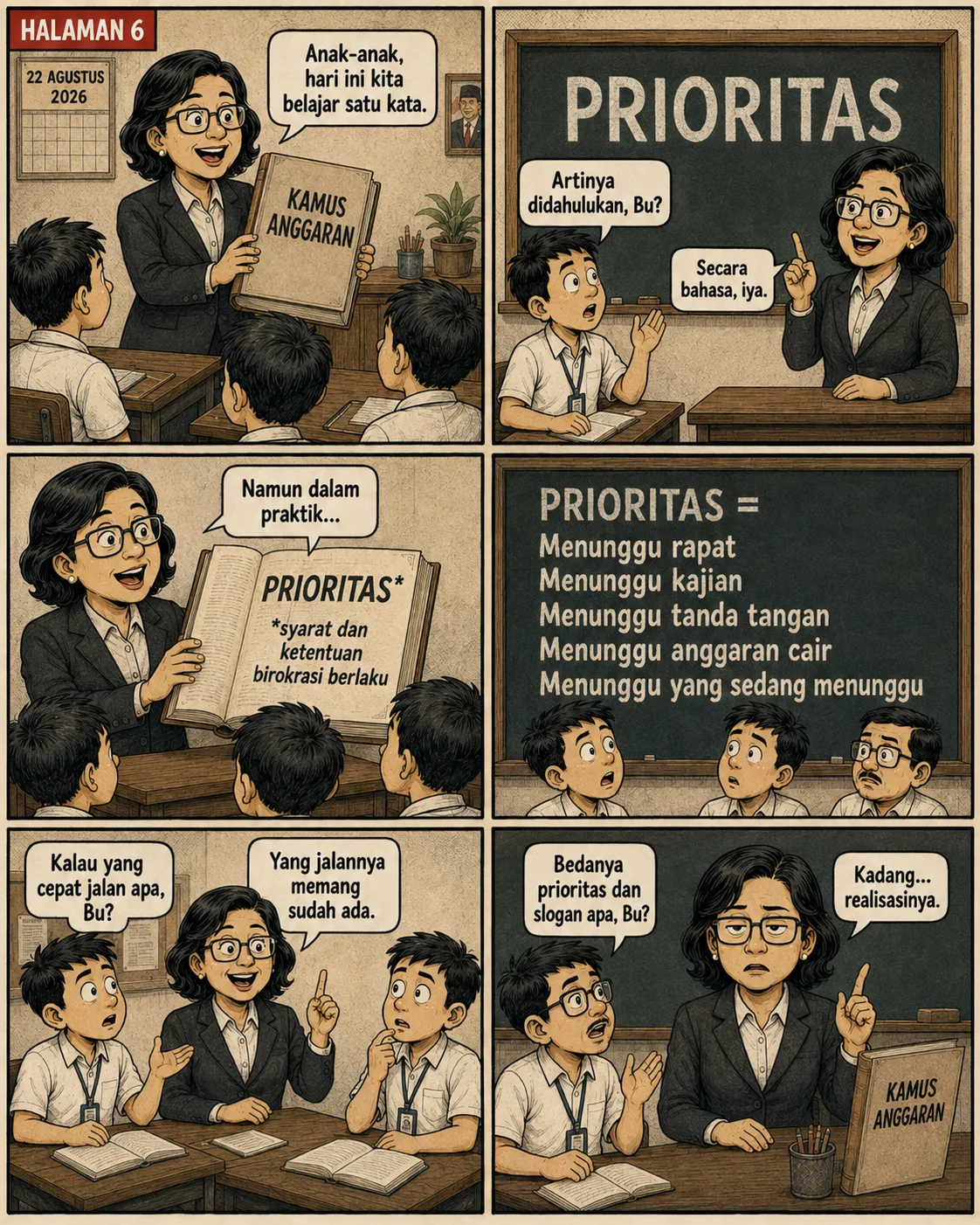 Halaman 6: Guru mengajar dari "Kamus Anggaran"; papan tulis mendefinisikan PRIORITAS versi birokrasi sebagai rangkaian "menunggu", dan menyimpulkan yang jalan cepat hanyalah yang jalurnya memang sudah ada.