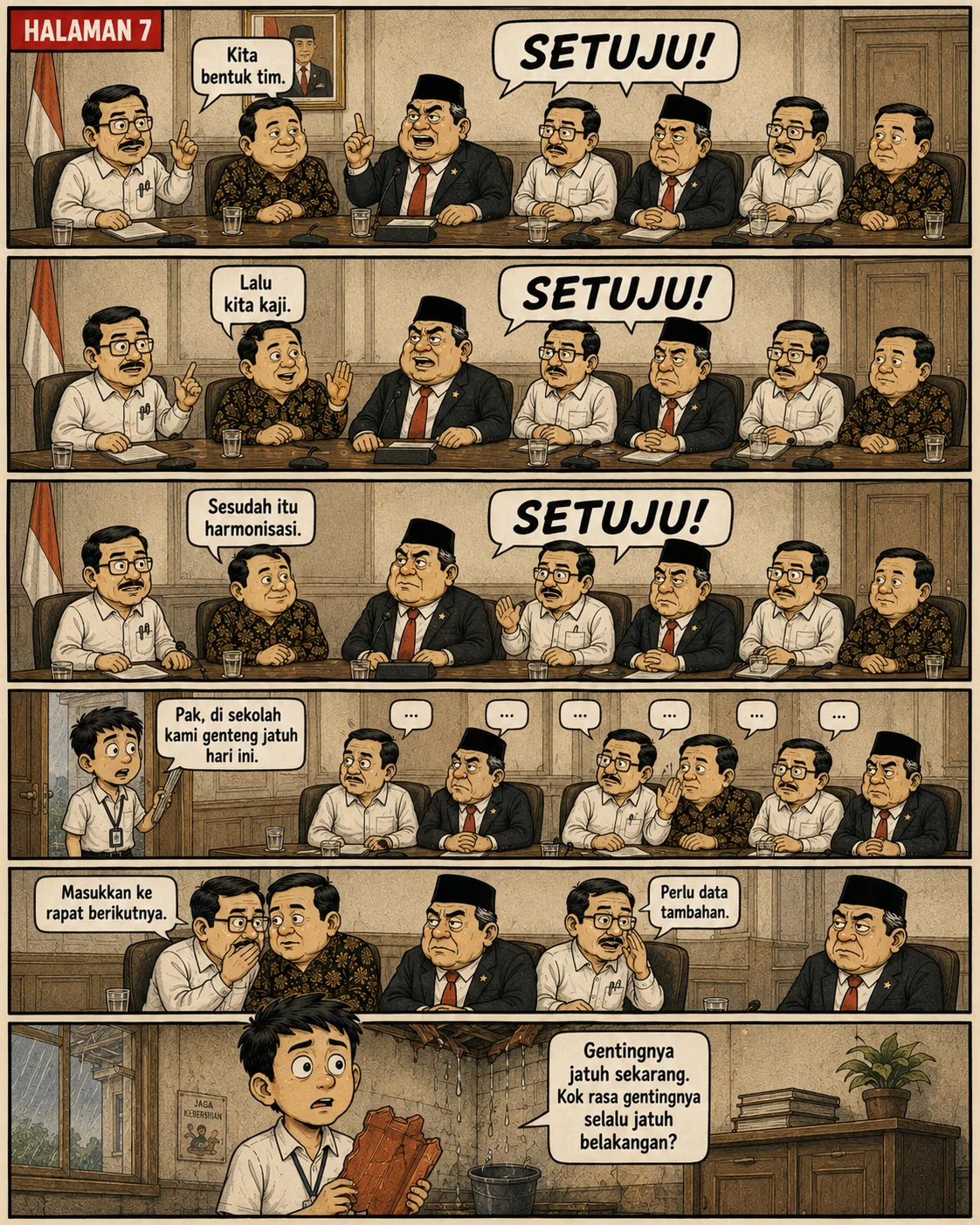 Halaman 7: Rapat pejabat menyetujui dengan lantang setiap tahap prosedur (bentuk tim, kaji, harmonisasi), tetapi terdiam ketika seorang staf melaporkan genteng sekolah jatuh hari itu dan menunda urusannya ke rapat berikutnya.