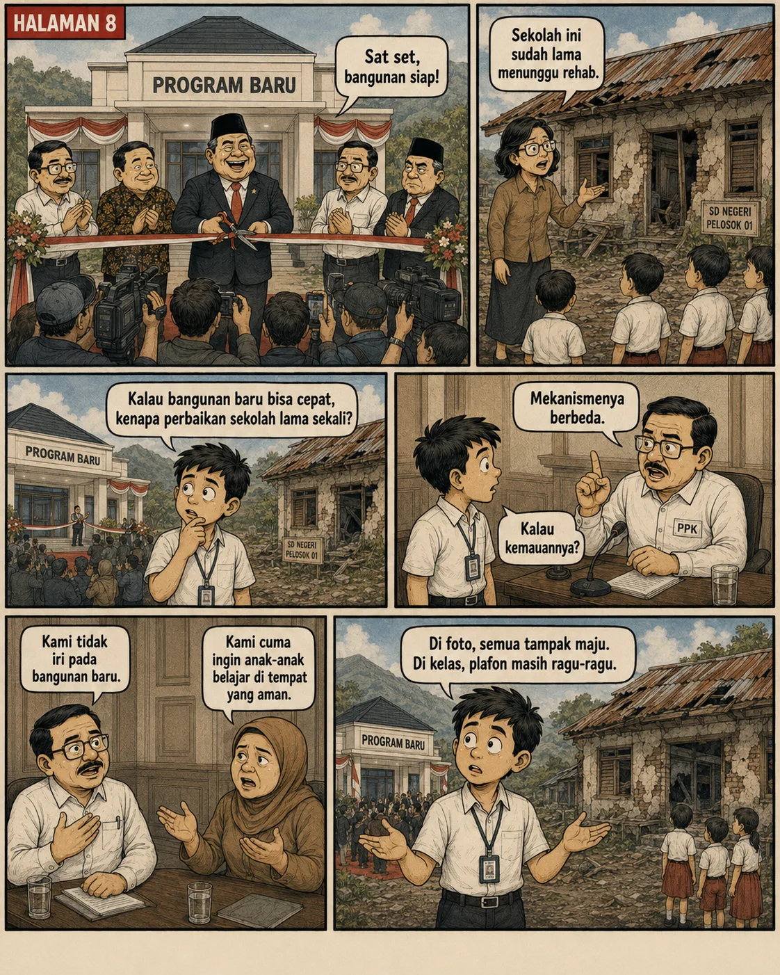 Halaman 8: Seremoni pengguntingan pita gedung "Program Baru" yang megah dibandingkan dengan SD Negeri Pelosok 01 yang reyot; orang tua murid berkata "kami tidak iri pada bangunan baru, kami cuma ingin anak-anak belajar di tempat yang aman".