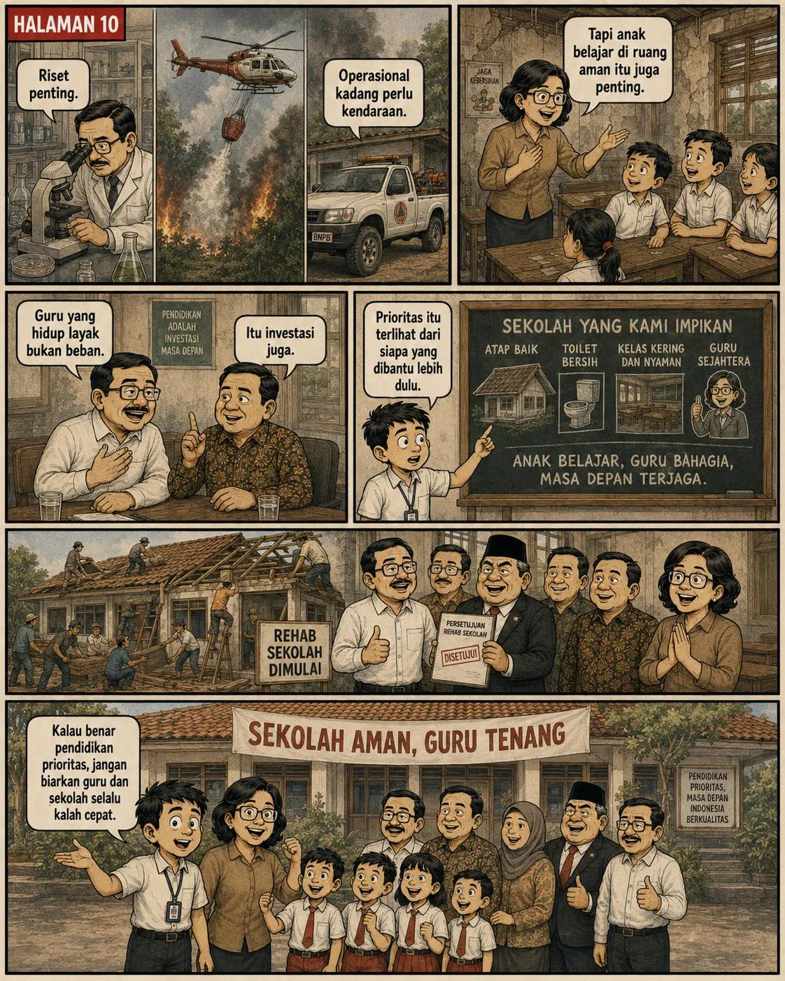 Halaman 10: Setelah "Persetujuan Rehab Sekolah" disetujui, tukang memperbaiki atap kelas dan sebuah spanduk "Sekolah Aman, Guru Tenang" terbentang; guru, murid, orang tua, dan pejabat berfoto bersama di depan sekolah yang sudah diperbaiki.