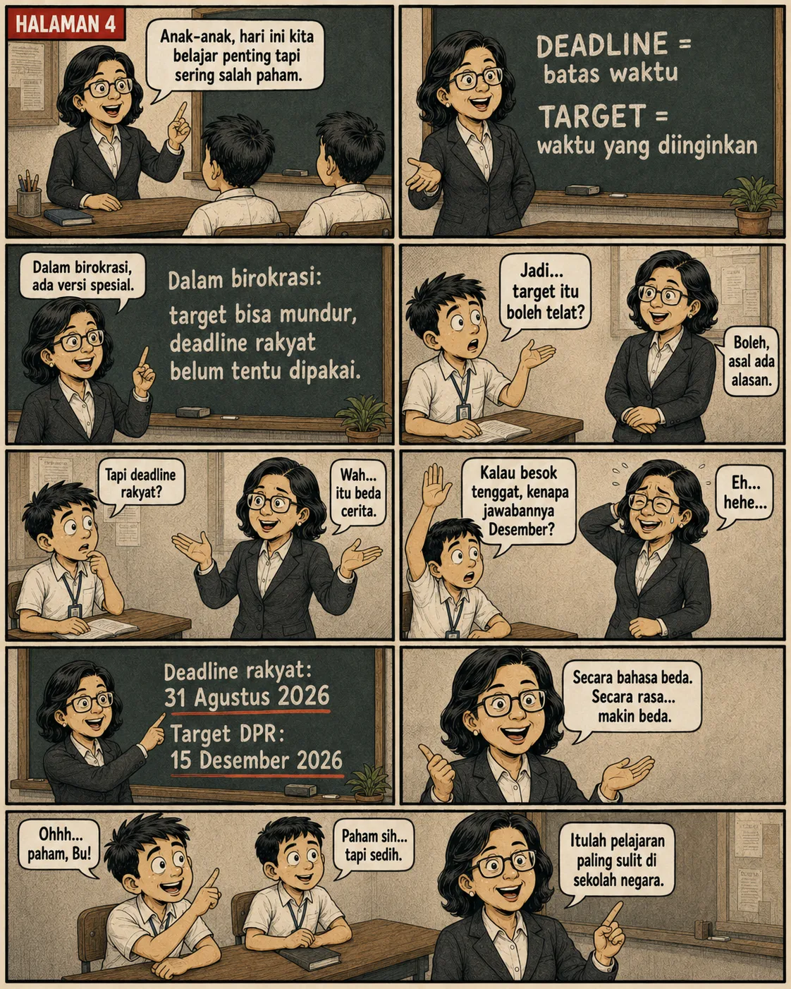 Halaman 4: Guru mengajar perbedaan "deadline" dan "target"; papan tulis menegaskan dalam praktik birokrasi target bisa mundur sementara deadline rakyat belum tentu dipakai; murid paham tapi sedih, guru menyebutnya "pelajaran paling sulit di sekolah negara".