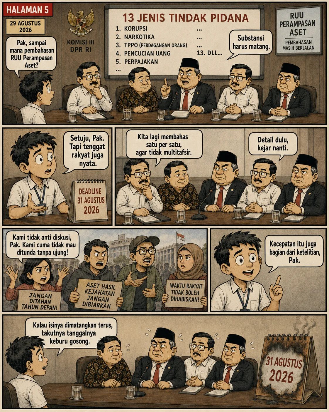 Halaman 5 (29 Agustus 2026): Rapat Komisi III membahas daftar jenis tindak pidana untuk RUU Perampasan Aset dengan alasan kehati-hatian, sementara demonstran di luar menuntut kepastian; kalender 31 Agustus 2026 digambarkan terbakar.