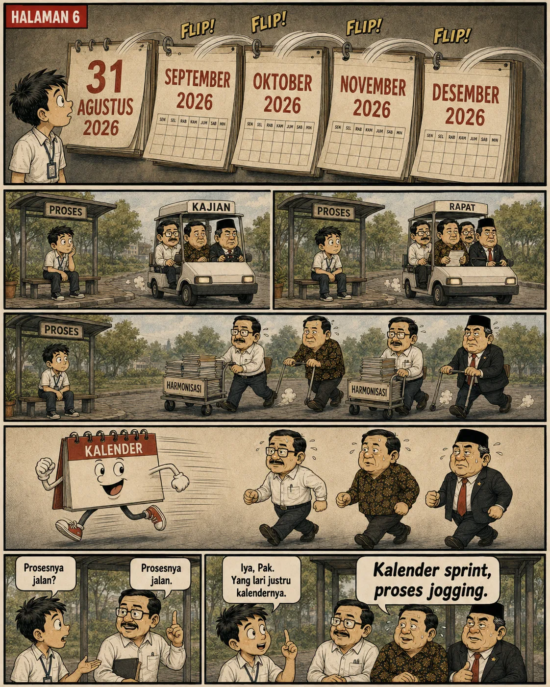 Halaman 6: Lembar kalender berpindah cepat dari Agustus ke Desember 2026; sementara di halte bernama "Proses", kendaraan berlabel "Kajian" dan "Rapat" melintas dan pejabat mendorong troli "Harmonisasi"; sosok kalender berlari dikejar para pejabat.