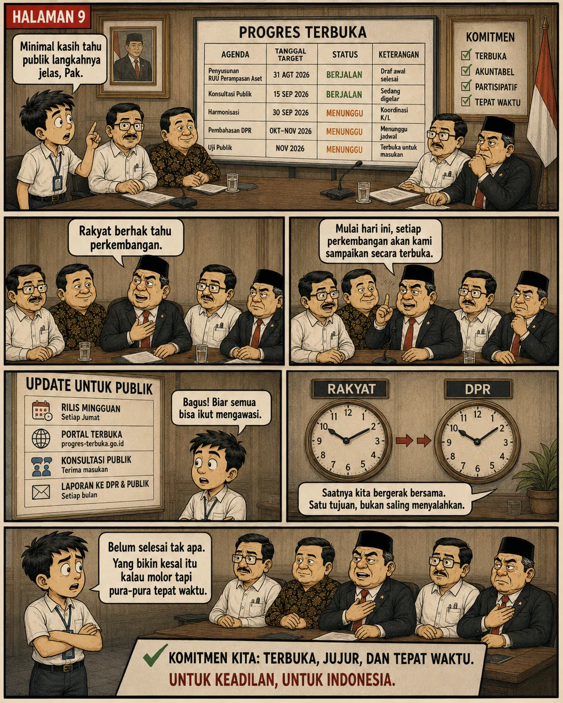 Halaman 9: Pejabat memasang papan "Progres Terbuka" berisi tabel agenda RUU Perampasan Aset dengan tanggal dan status; diumumkan mekanisme pelaporan publik berkala; dua jam "Rakyat" dan "DPR" mulai disamakan.