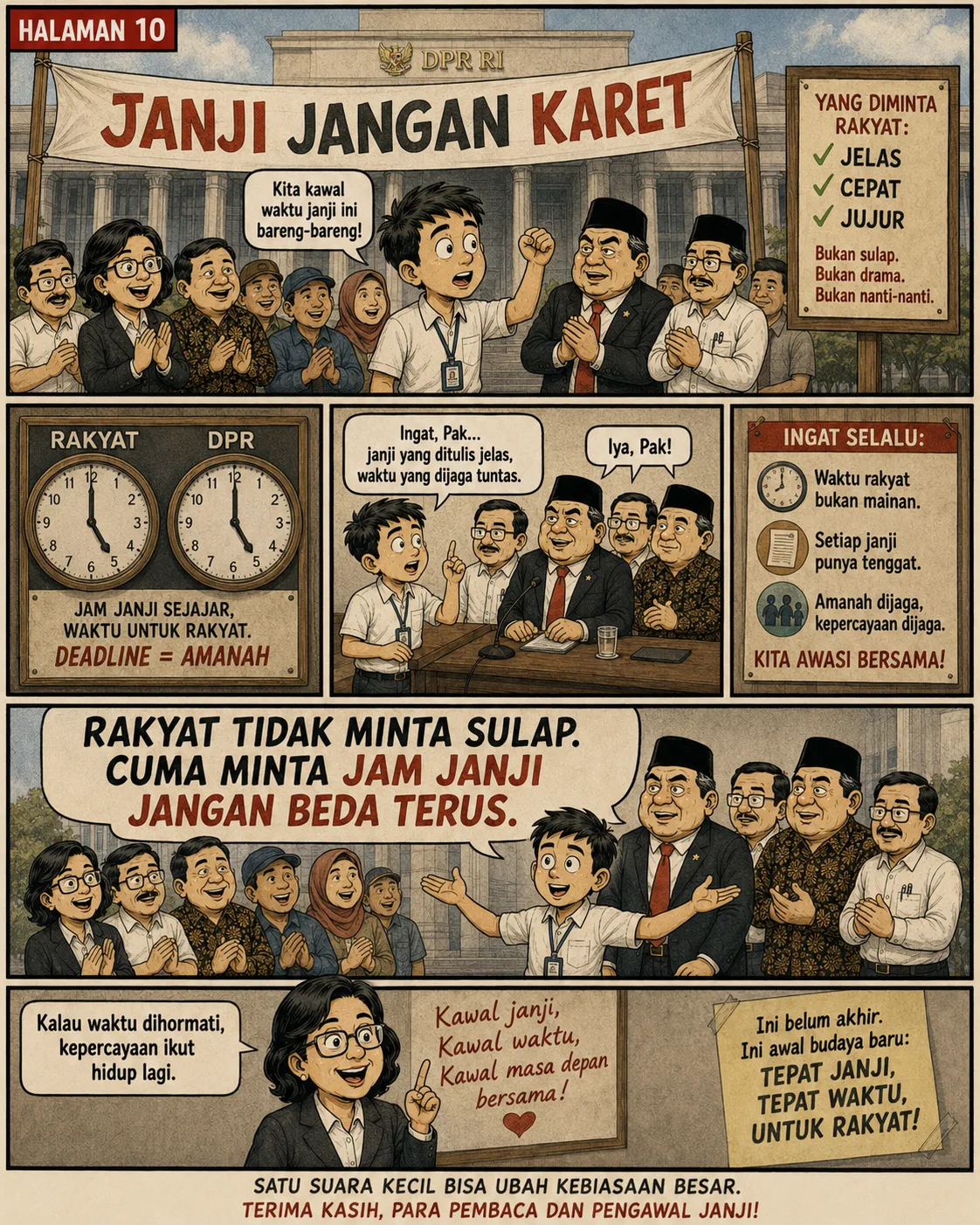 Halaman 10: Di depan Gedung DPR terbentang spanduk "Janji Jangan Karet"; warga dan pejabat berdiri bersama; dua jam dinding kini menunjukkan waktu yang sama, dengan pesan bahwa tenggat adalah amanah dan perubahan dimulai dari pengawasan bersama.