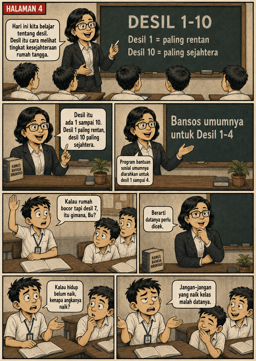 Halaman 4: guru menjelaskan kelompok Desil 1 sampai 10 dan penggunaan desil untuk bansos; murid mempertanyakan perbedaan angka dengan kondisi rumah.