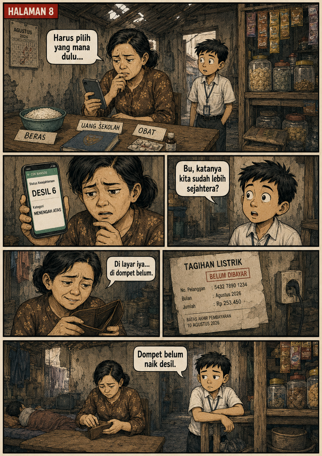 Halaman 8: Bu Slameti melihat status Desil 6 di telepon sambil menghadapi kebutuhan beras, sekolah, obat, dan tagihan listrik yang belum dibayar.