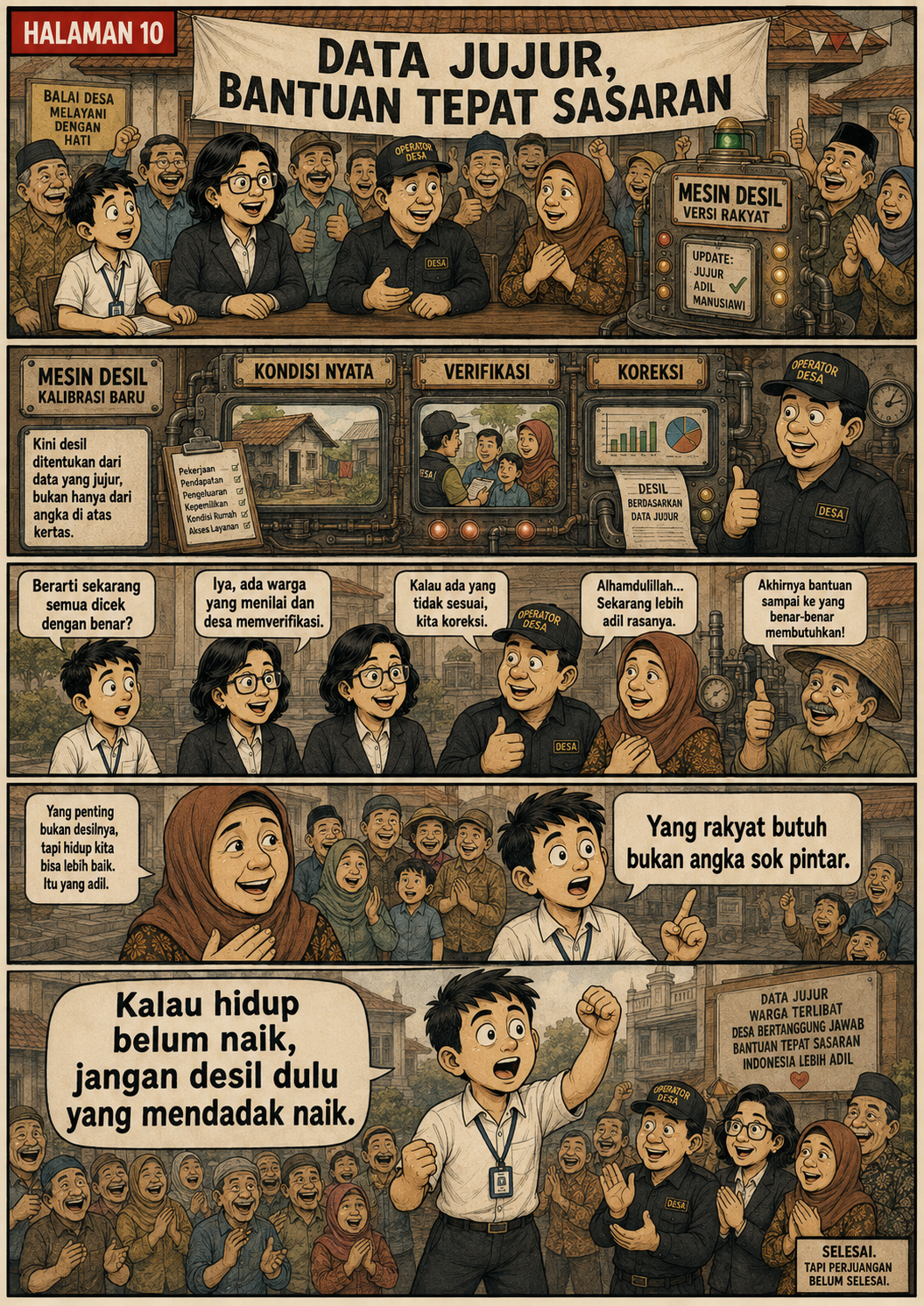 Halaman 10: warga dan operator desa merayakan mesin desil versi rakyat yang memakai kondisi nyata, verifikasi, dan koreksi untuk bantuan tepat sasaran.