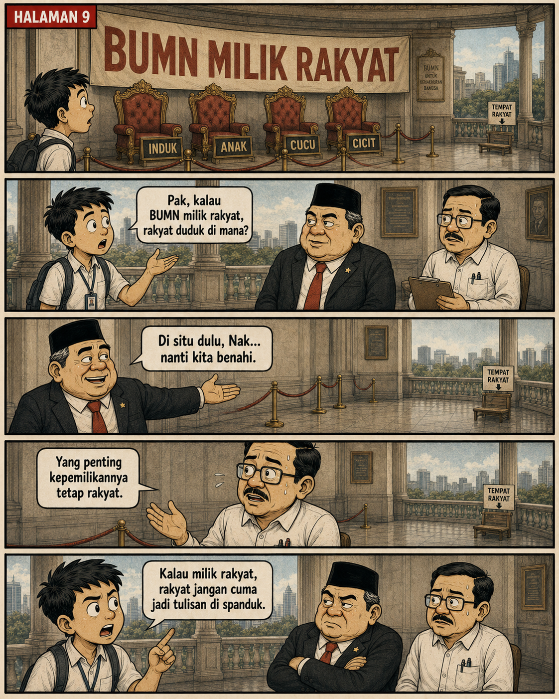 Halaman 9: aula bertuliskan BUMN milik rakyat menampilkan kursi mewah untuk induk, anak, cucu, dan cicit, sementara tempat rakyat berupa bangku kecil di kejauhan.