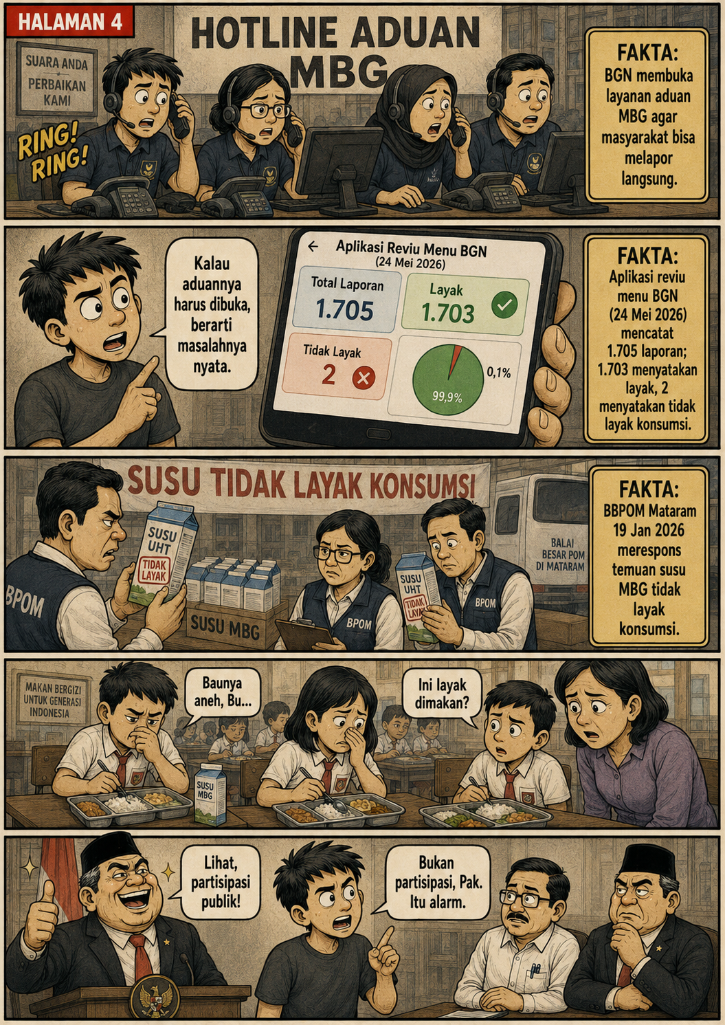 Halaman 4: warga menghubungi kanal pengaduan dan membuka aplikasi Reviu Menu MBG, disandingkan dengan laporan temuan susu tidak layak konsumsi.