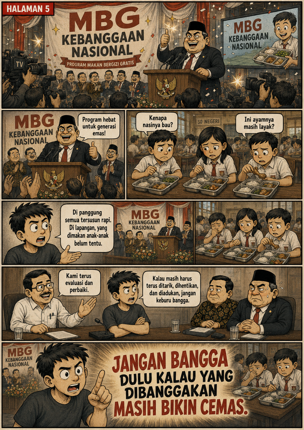 Halaman 5: pejabat rekaan berpidato tentang standar, sementara dua siswa mencium nasi yang berbau dan mempertanyakan kondisi ayam pada kotak makan.
