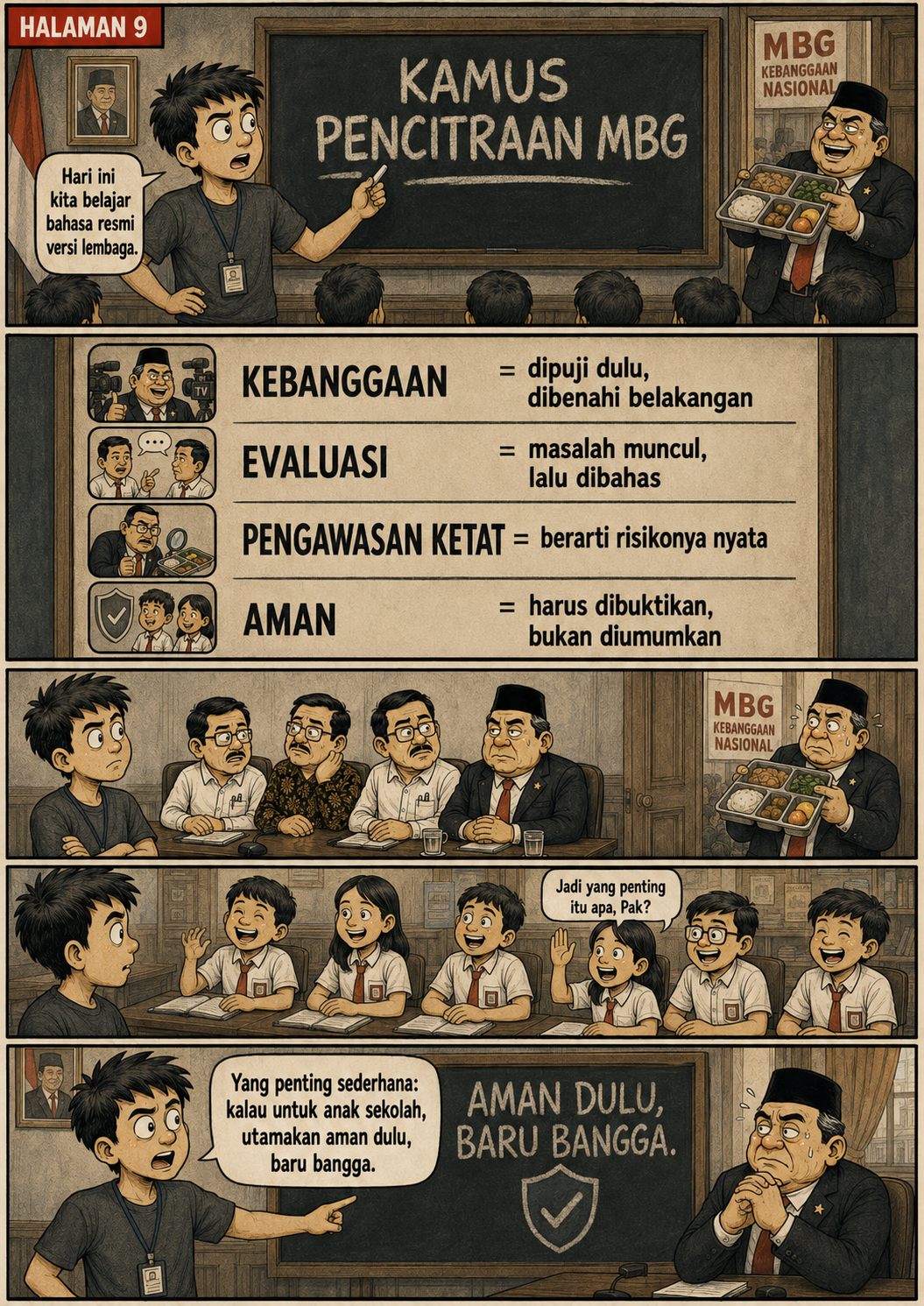 Halaman 9: kamus satire pencitraan MBG menjelaskan kebanggaan, evaluasi, pengawasan ketat, dan arti aman yang harus dibuktikan.