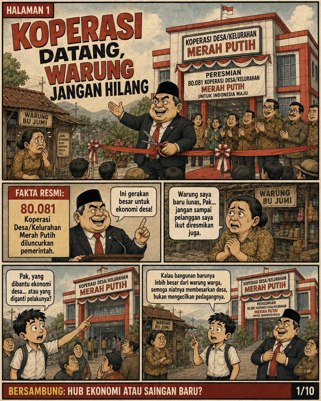 Sampul komik "Koperasi Datang, Warung Jangan Hilang": gedung Koperasi Desa/Kelurahan Merah Putih yang megah berdampingan dengan warung kecil milik warga.