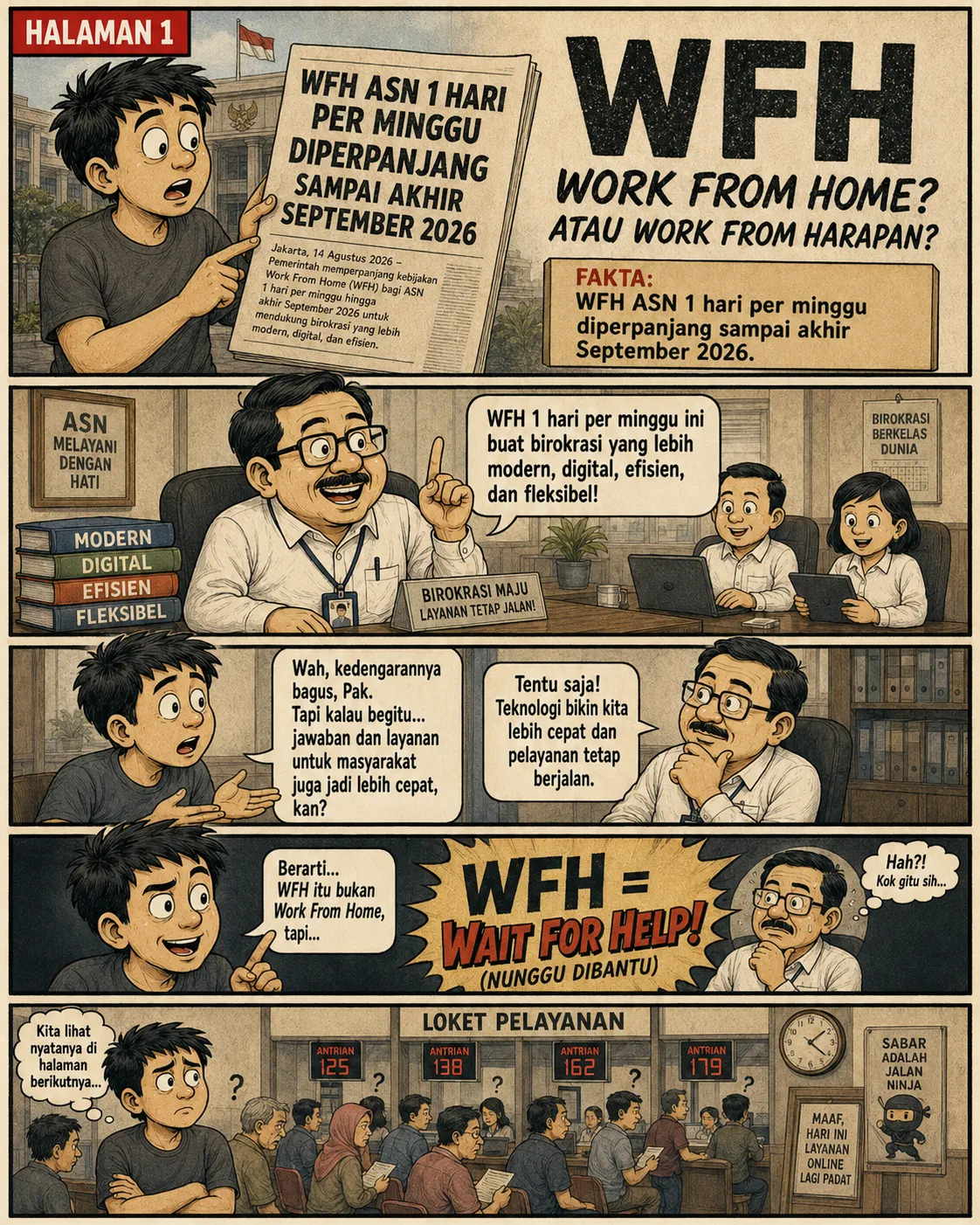 Sampul komik "WFH: Wait For Help": tulisan besar WFH dan loket pelayanan publik yang penuh antrean dengan papan "layanan online lagi padat".
