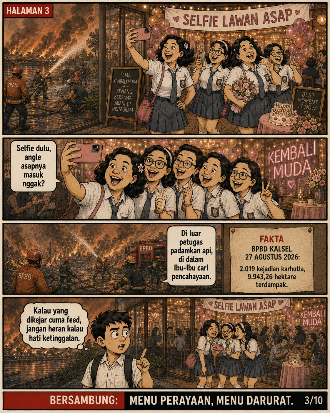 Halaman 3: Para tamu sibuk berfoto dengan latar asap yang terlihat dari jendela, dikontraskan dengan petugas pemadam di lapangan; data BPBD Kalsel ditampilkan.