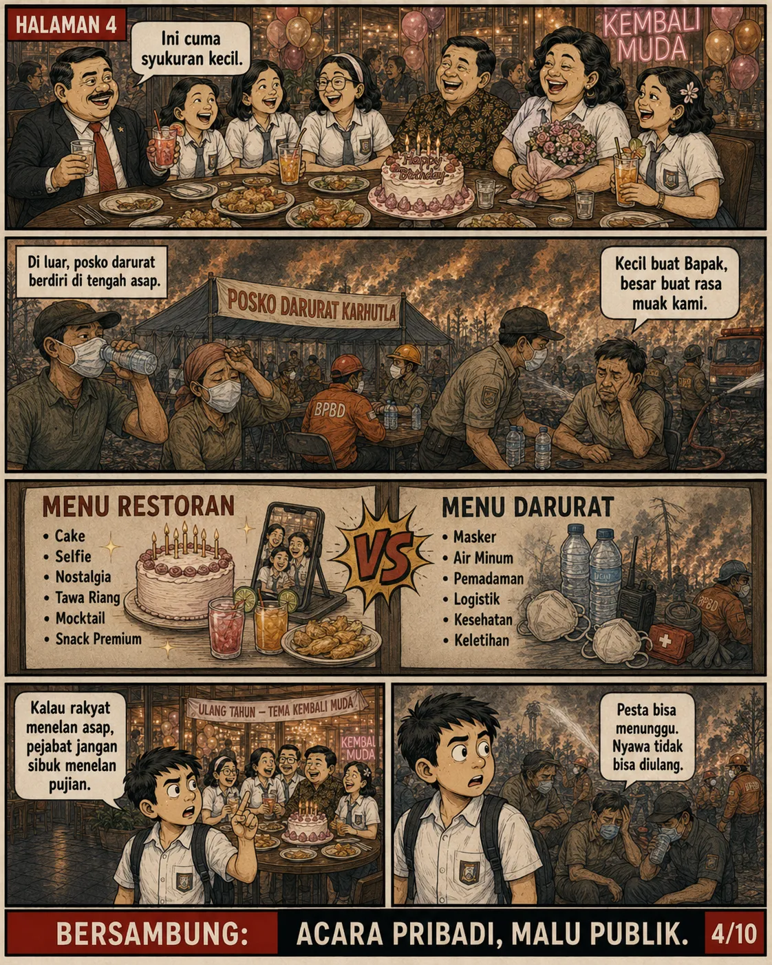 Halaman 4: Dua daftar bersanding - hidangan perayaan di resto versus kebutuhan posko darurat karhutla - dengan pengunjung resto di satu sisi dan tenda pengungsian di sisi lain.