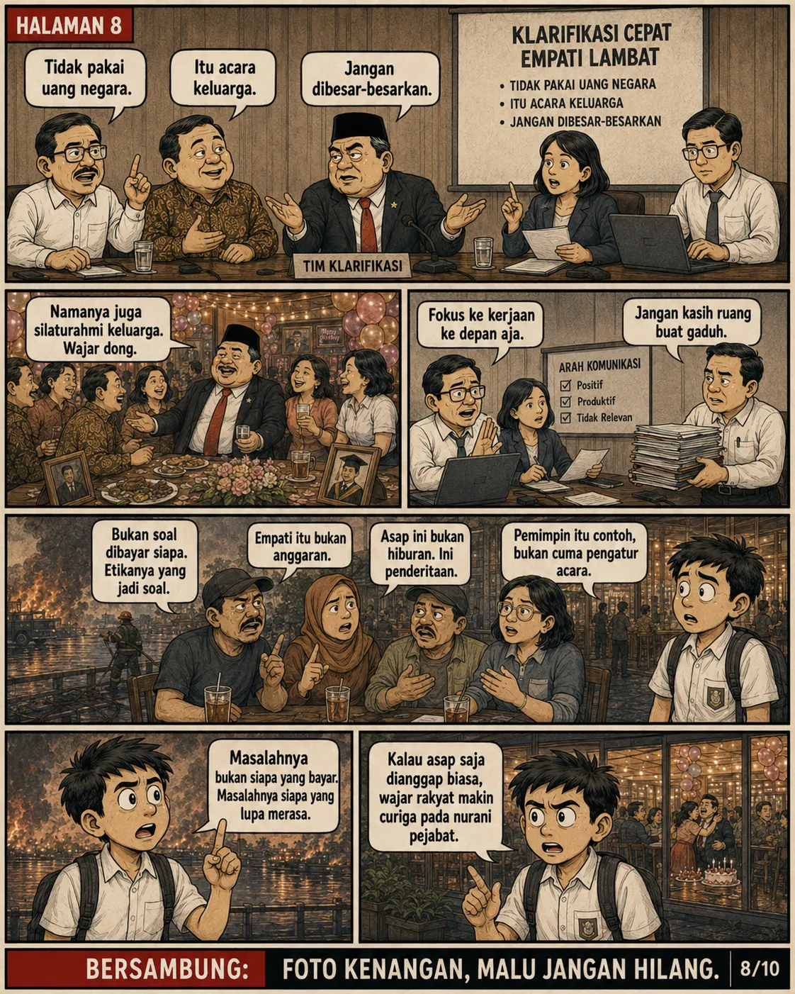 Halaman 8: Tim klarifikasi menegaskan pesta tidak memakai uang negara; lawan bicara menjawab bahwa persoalannya adalah etika dan kepekaan, bukan sumber dana.