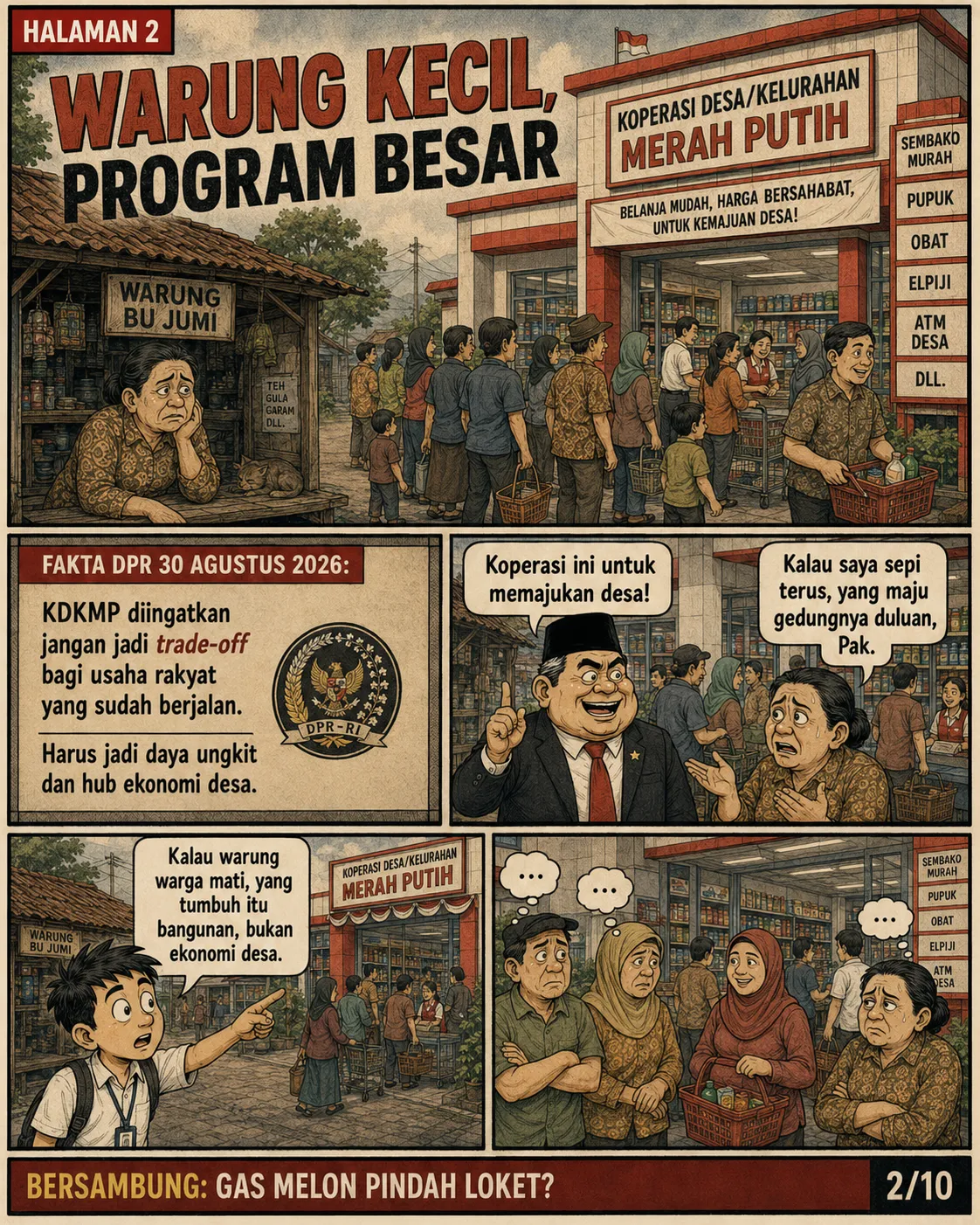 Halaman 2: Antrean warga memenuhi loket koperasi serba ada, sementara warung Bu Jumi di seberang kosong.