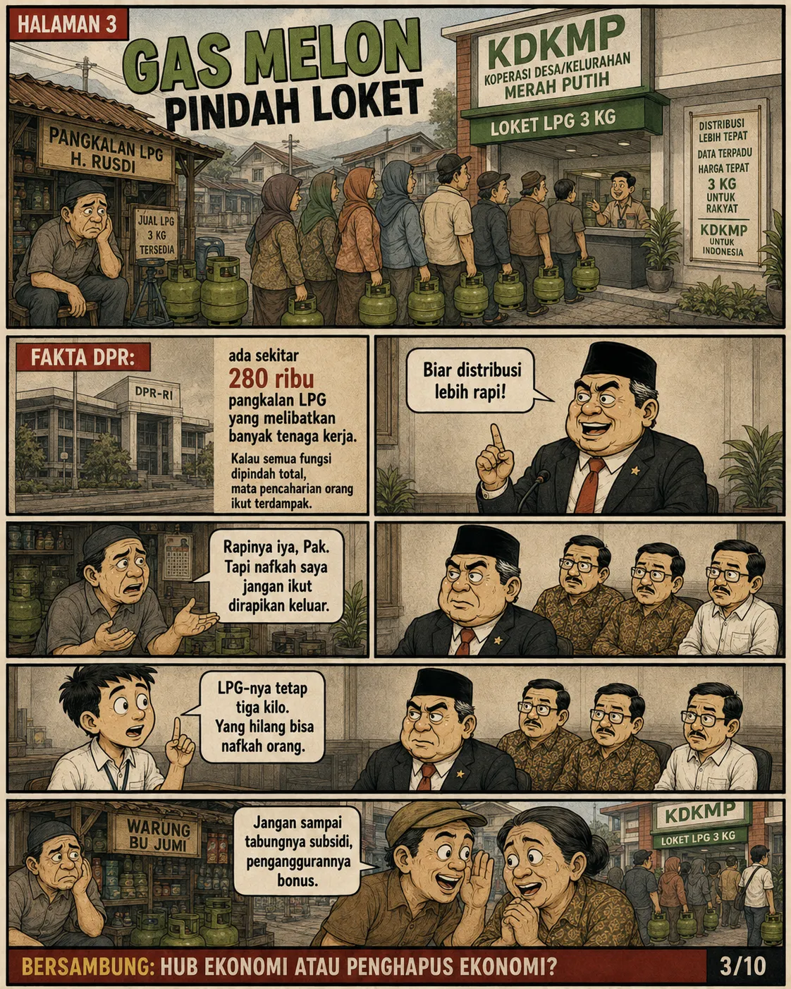 Halaman 3: Tabung LPG 3 kg berpindah dari pangkalan milik warga ke loket koperasi; pemilik pangkalan memprotes.