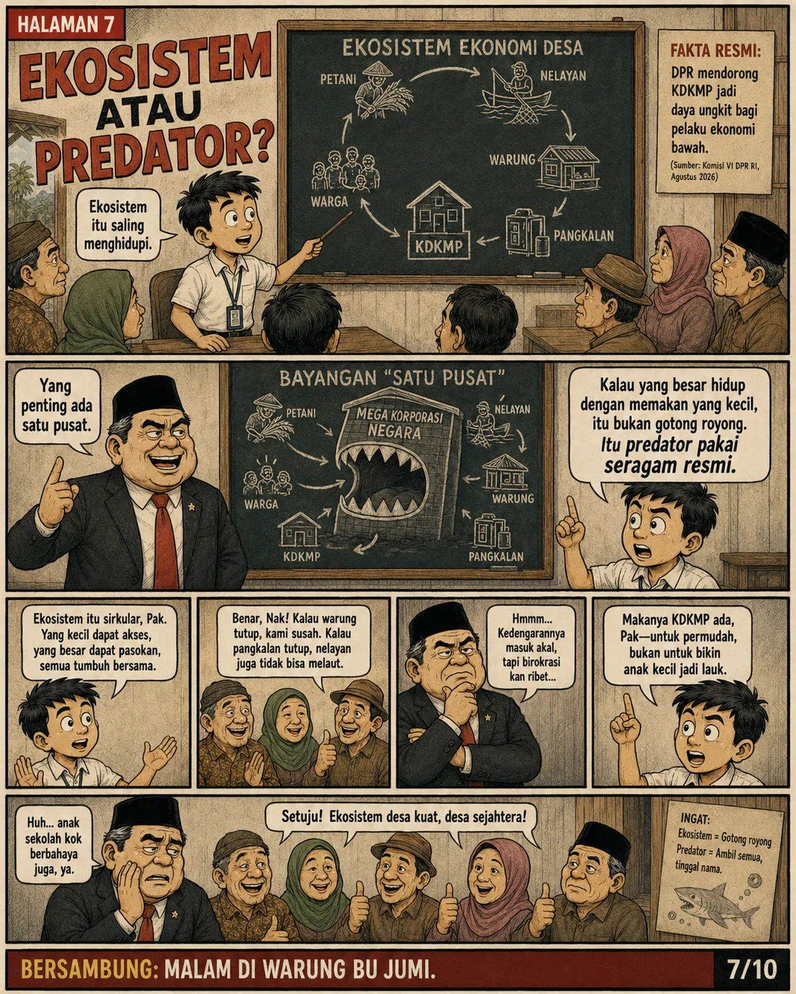 Halaman 7: Papan tulis menggambarkan lingkaran ekonomi desa yang sehat, dikontraskan dengan bayangan sebuah "mega korporasi" berbentuk monster yang menelan semua pelaku kecil.