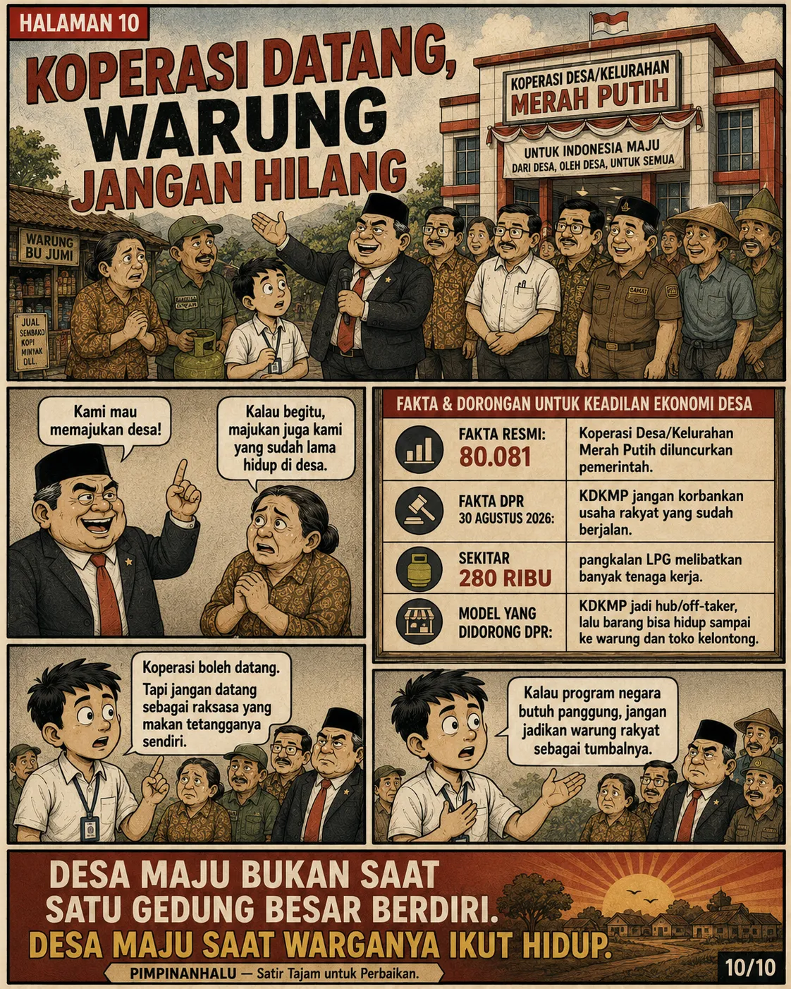 Halaman 10: Pejabat dan warga berdiri bersama di depan gedung Koperasi Merah Putih dan warung Bu Jumi; ringkasan fakta dan dorongan DPR ditampilkan.