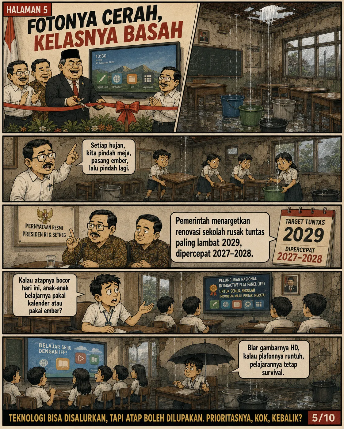 Halaman 5: Seremoni pengguntingan pita layar pintar disandingkan dengan ruang kelas yang atapnya bocor dan lantainya tergenang, murid belajar memakai payung.