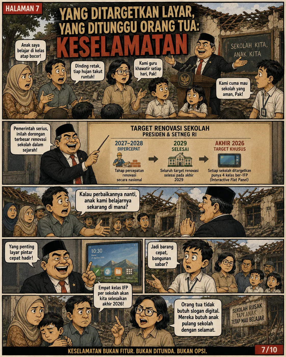 Halaman 7: Para orang tua murid mengadu soal atap bocor dan dinding retak di depan pejabat yang berpidato; bagan target renovasi 2027-2029 ditampilkan.
