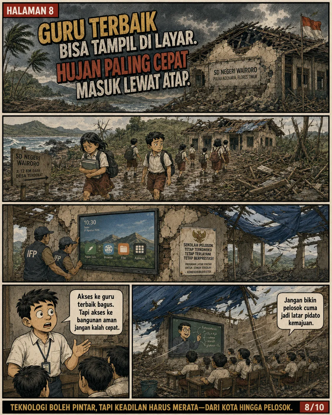 Halaman 8: Anak-anak berjalan belasan kilometer ke SD Negeri Wairoro di Pulau Adonara; layar pintar menyala di dinding sekolah yang atapnya sudah hilang.