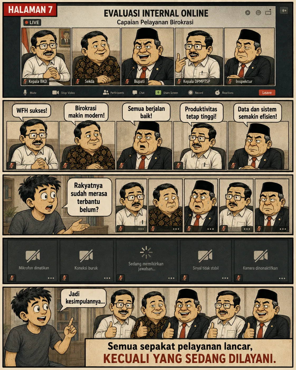 Halaman 7: Rapat evaluasi lewat panggilan video berisi para pejabat yang memuji keberhasilan WFH; begitu ditanya soal warga, satu per satu kamera dimatikan dengan alasan koneksi buruk.