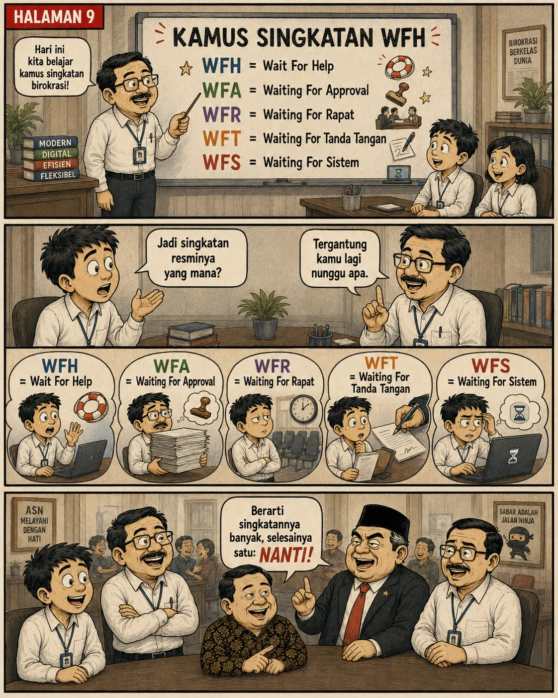 Halaman 9: Papan tulis "Kamus Singkatan WFH" berisi lima plesetan akronim; para pejabat tertawa dan menyimpulkan semua berujung pada kata "nanti".