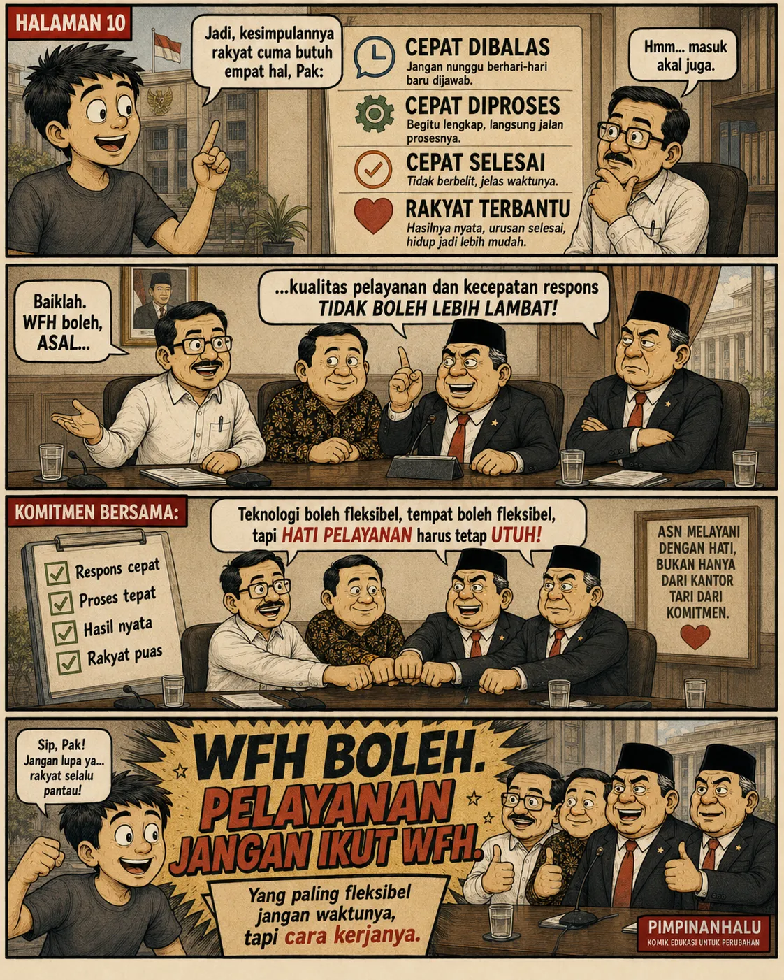 Halaman 10: Daftar empat hal yang diminta warga; para pejabat menyatukan tangan berkomitmen respons cepat, proses tepat, hasil nyata, rakyat puas, di bawah tajuk "WFH boleh, pelayanan jangan ikut WFH".