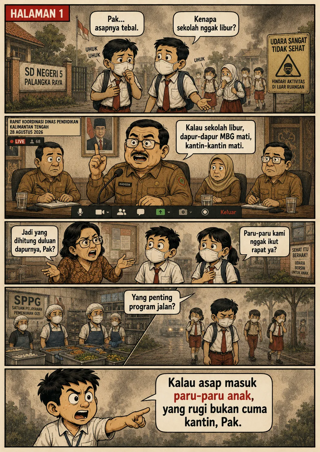 Halaman 1: Murid bermasker batuk di depan gerbang SD Negeri 5 Palangka Raya di bawah rambu udara berbahaya; di rapat koordinasi, seorang kepala dinas beralasan sekolah tidak libur demi dapur MBG dan kantin.