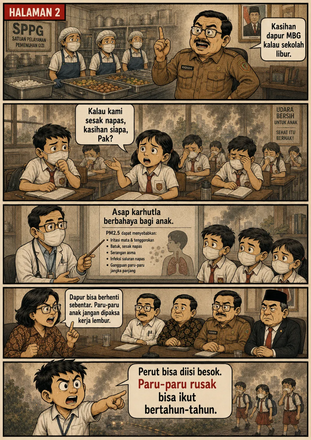 Halaman 2: Di dapur SPPG pejabat mengasihani dapur MBG; di kelas berkabut anak-anak terbatuk; seorang dokter memaparkan bahaya PM2.5 dari asap karhutla bagi anak.