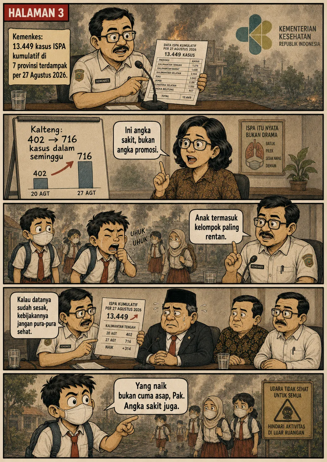 Halaman 3: Pejabat Kemenkes memegang tabel data ISPA per provinsi; grafik batang menunjukkan lonjakan kasus di Kalimantan Tengah dalam seminggu.