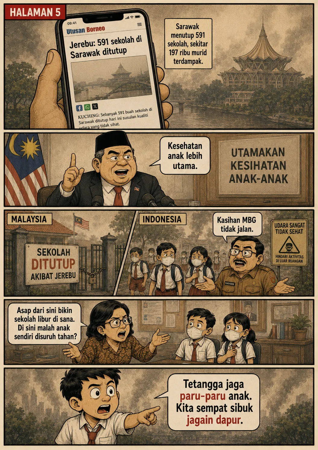 Halaman 5: Layar ponsel menampilkan berita penutupan sekolah di Sarawak akibat jerebu; perbandingan Malaysia (sekolah ditutup) dan Indonesia (sekolah tetap masuk demi MBG).